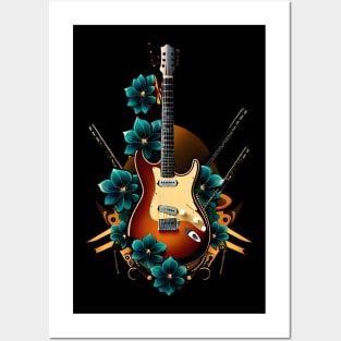 Electric guitar with blue flowers 11 Posters and Art